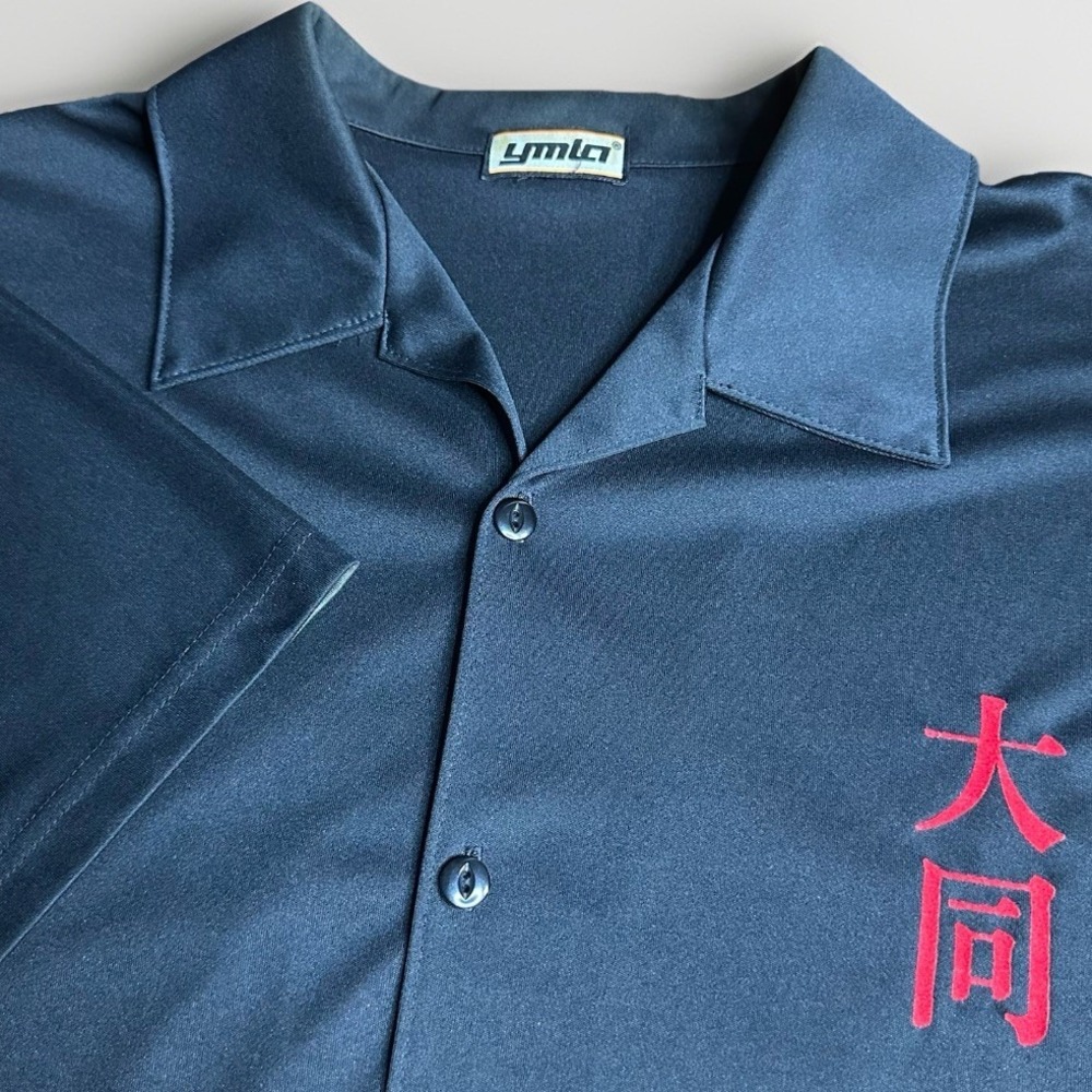 Vintage YMLA Shirt Mens Large Black Dragon Kanji Yakuza Tribal Rave Flocked Y2K